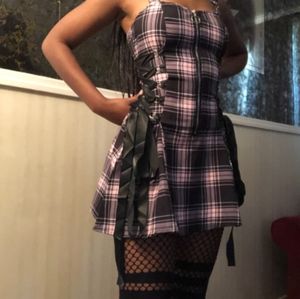 Dolls Kill Purple Plaid Mini Dress with Black Lace-Up Sides
